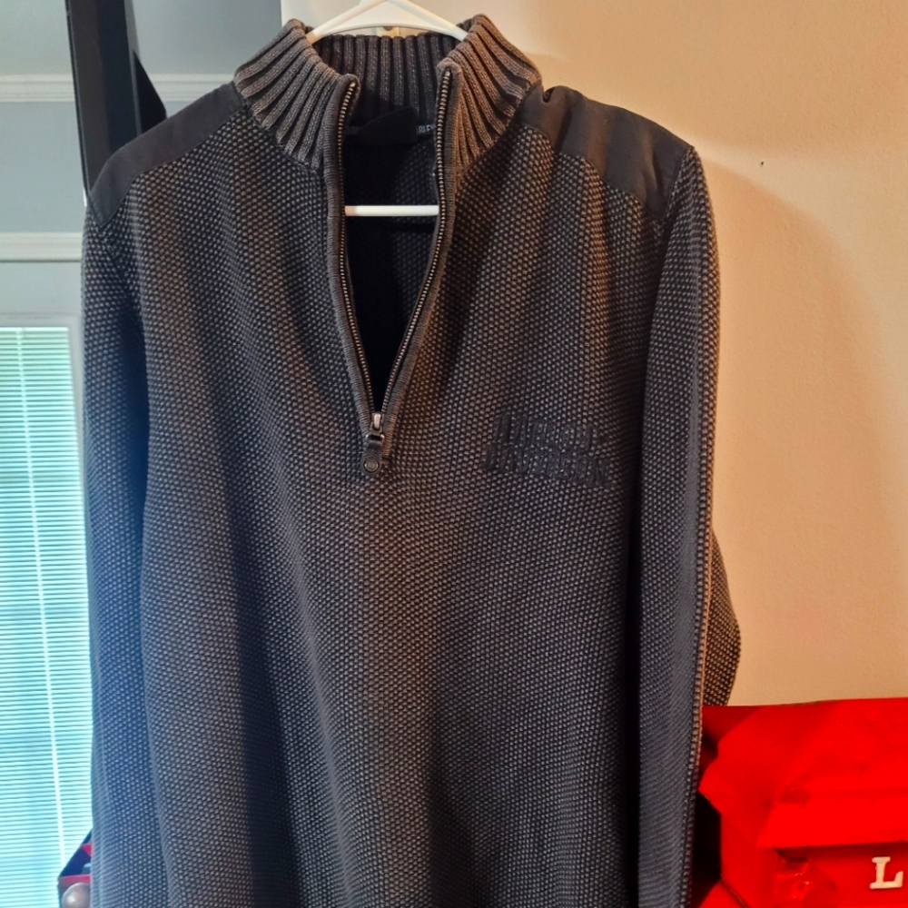 Gray long sleeve Harley Davidson embroidered half zip sweater